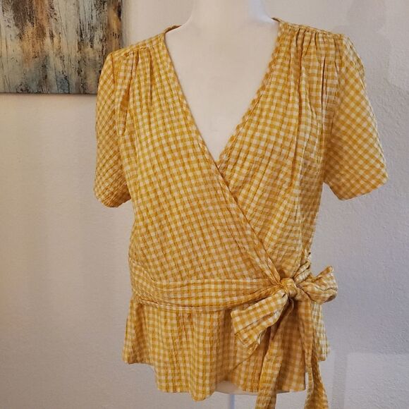 Max Studio Yellow Checker wrap blouse L - Picture 14 of 14